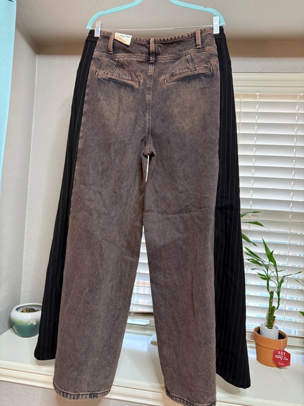 We The Free Two-Tone Washed Brown Jeans with Black Pinstripe Panels